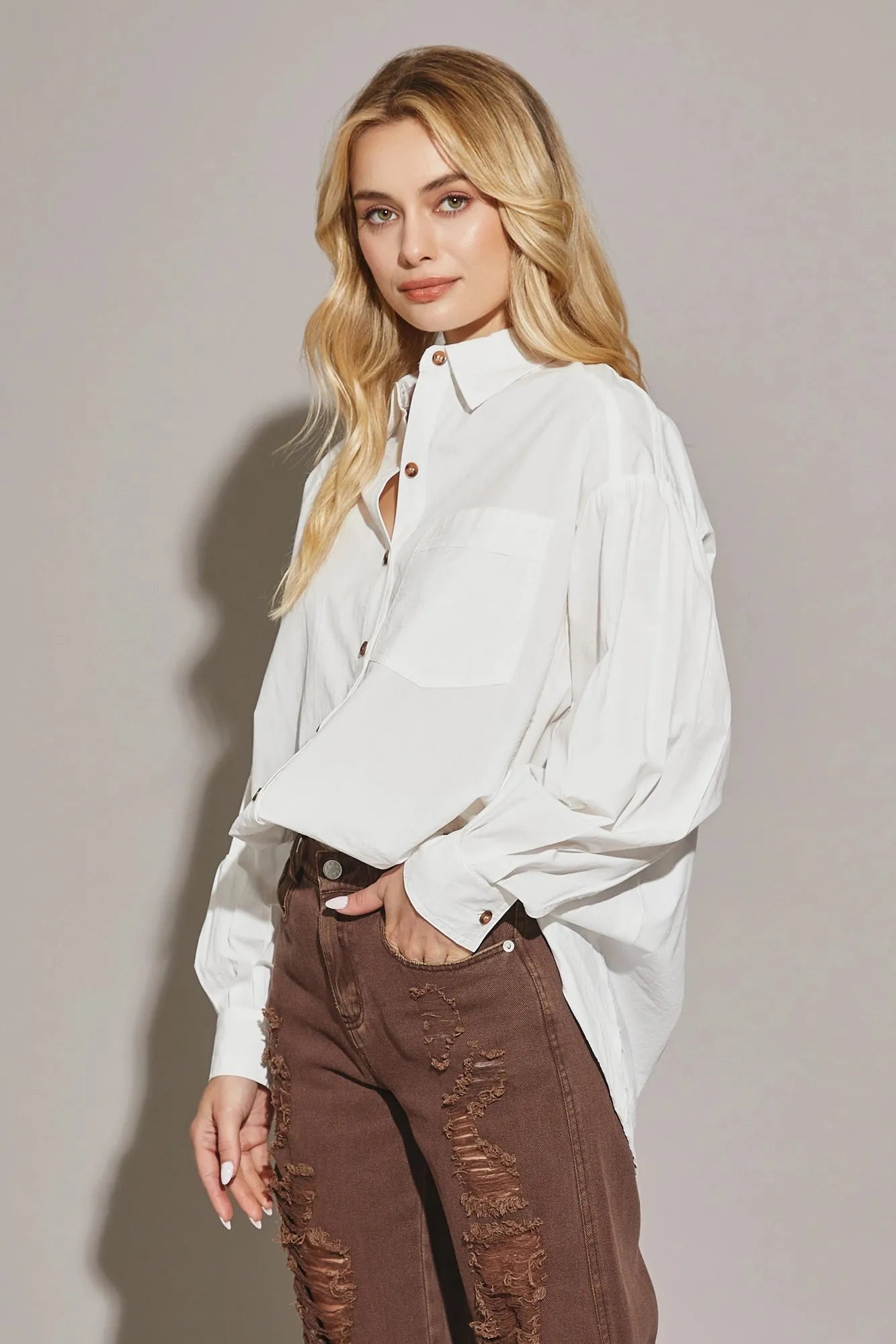 Cotton Oversize Button up Front Single Pocket Shirt