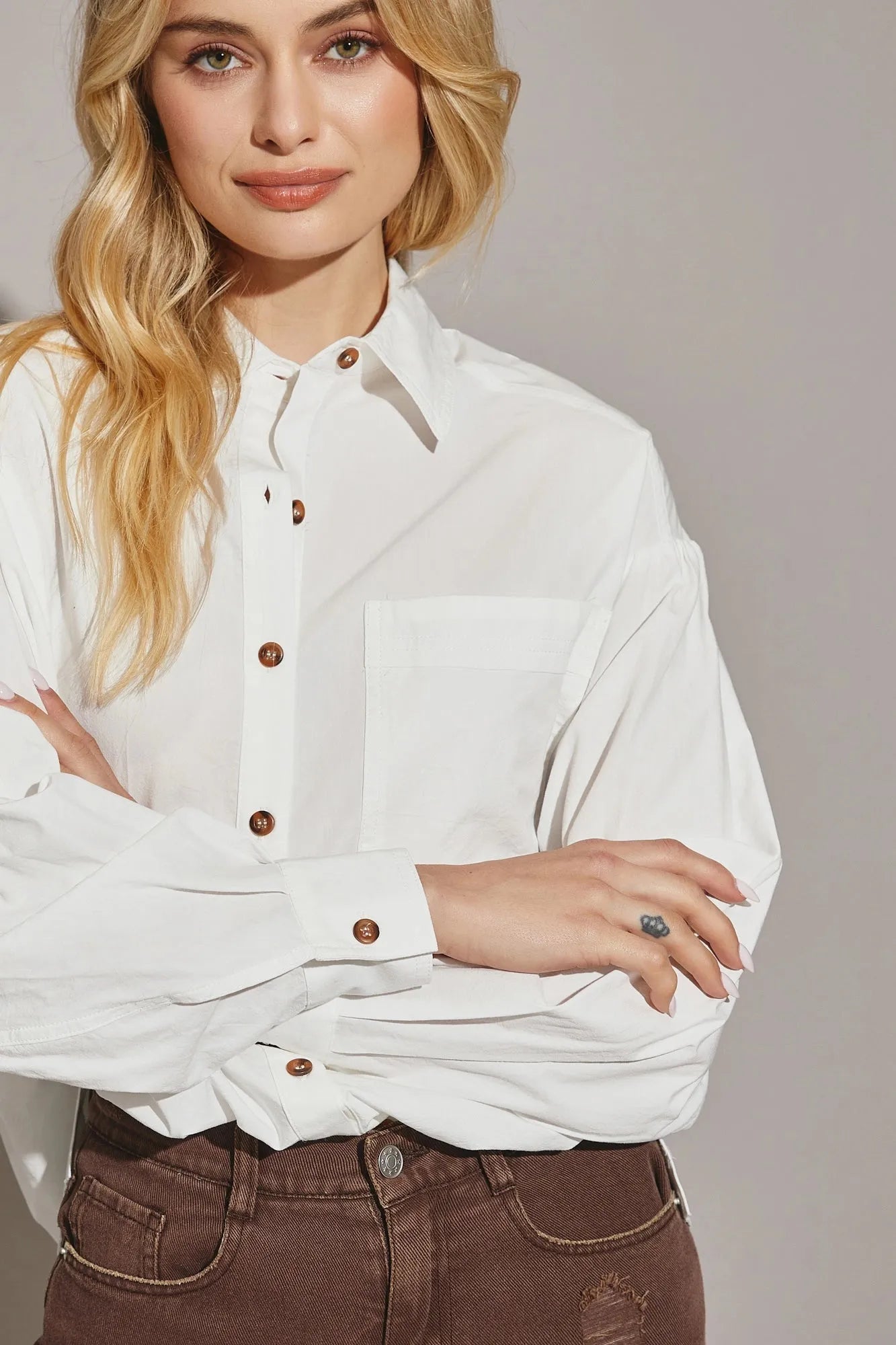 Cotton Oversize Button up Front Single Pocket Shirt