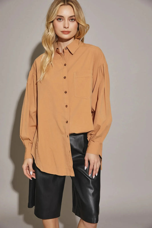 Cotton Oversize Button up Front Single Pocket Shirt