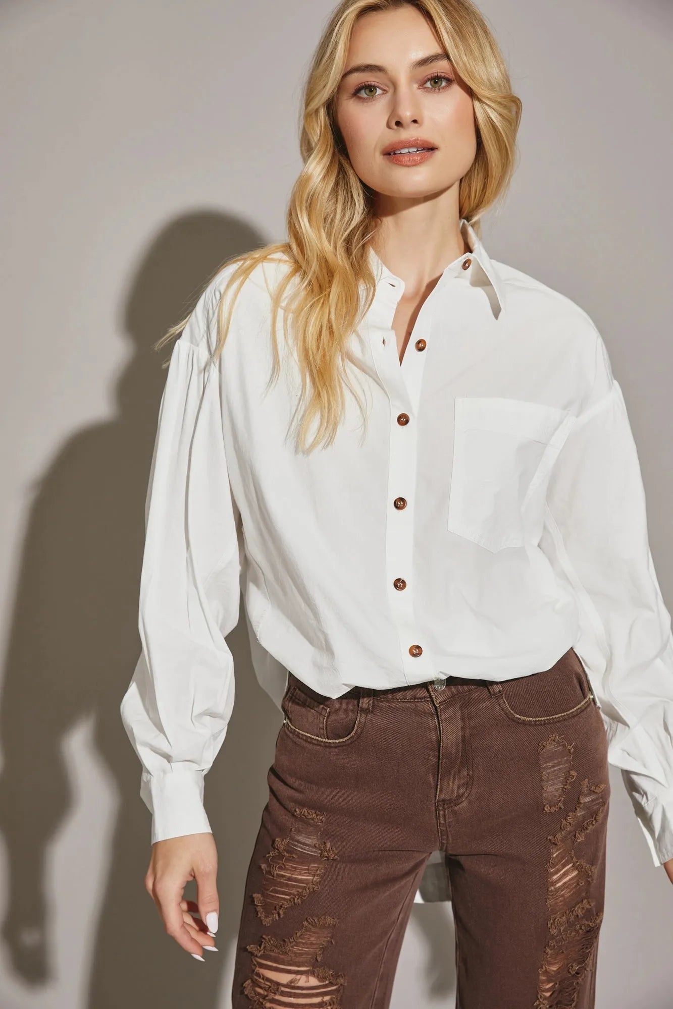 Cotton Oversize Button up Front Single Pocket Shirt